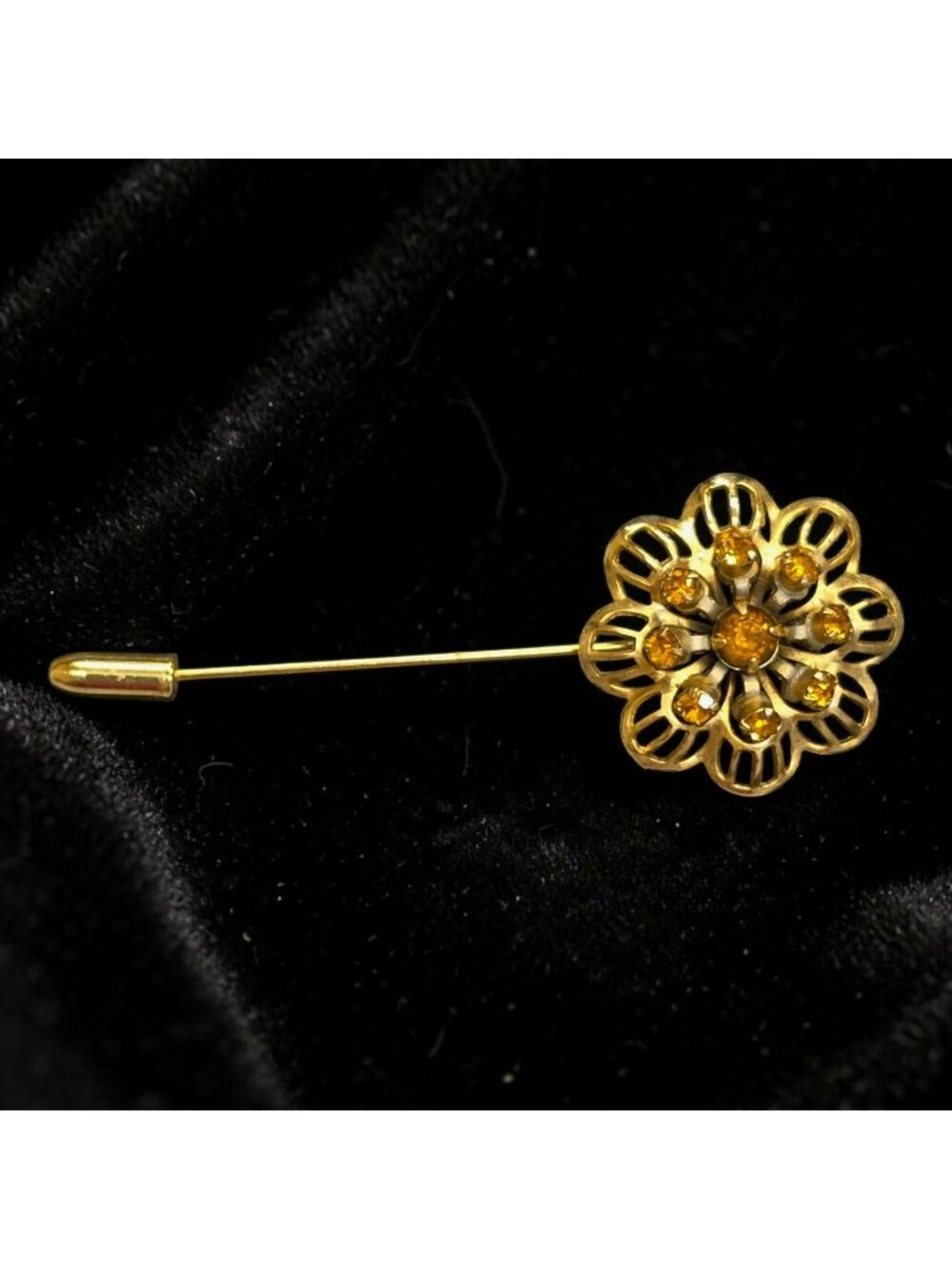 Vintage Gold-Tone Floral Stick Pin Yellow Glass Rhinestones Elegant Lapel Pin